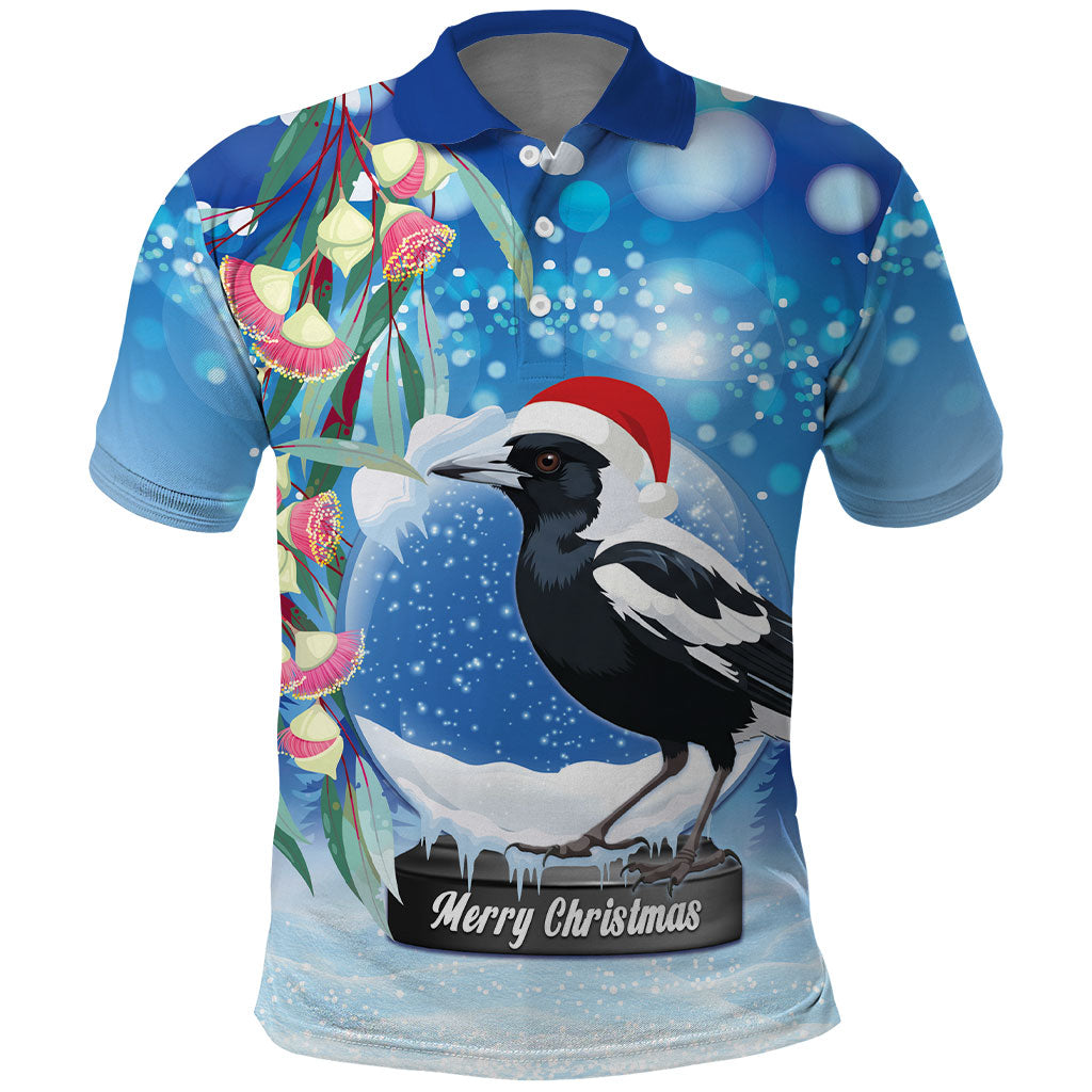 Australia Magpie Christmas In July Polo Shirt Eucalyptus Snow Globe Merry Xmas