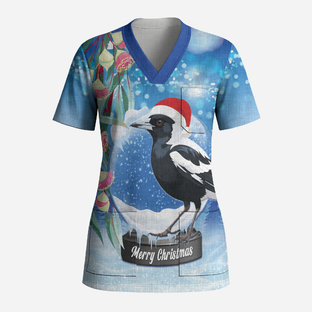Australia Magpie Christmas In July Scrub Top Eucalyptus Snow Globe Merry Xmas