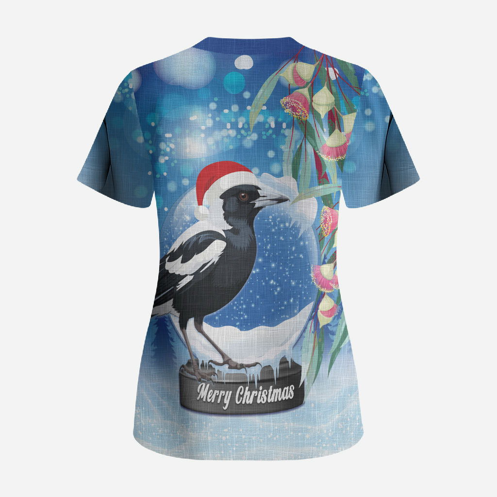 Australia Magpie Christmas In July Scrub Top Eucalyptus Snow Globe Merry Xmas