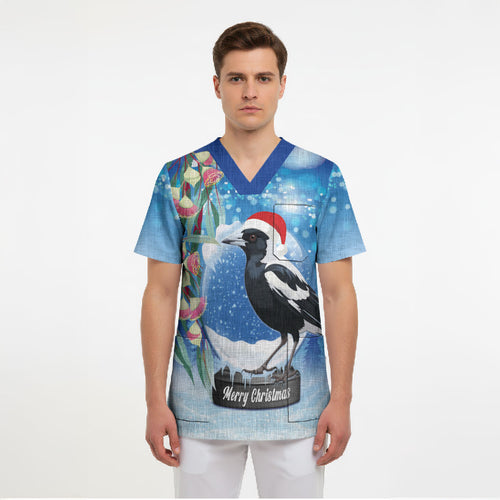 Australia Magpie Christmas In July Scrub Top Eucalyptus Snow Globe Merry Xmas