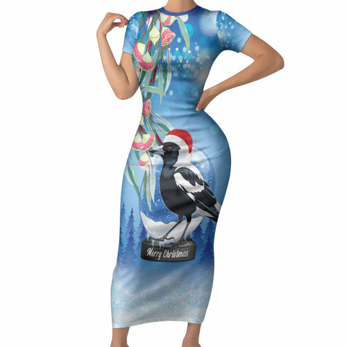 Australia Magpie Christmas In July Short Sleeve Bodycon Dress Eucalyptus Snow Globe Merry Xmas