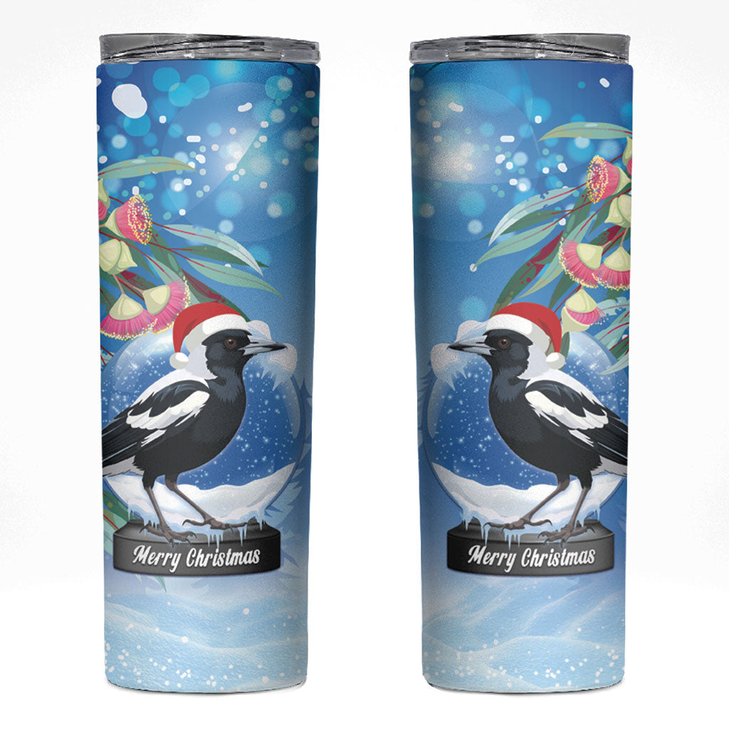 Australia Magpie Christmas In July Skinny Tumbler Eucalyptus Snow Globe Merry Xmas