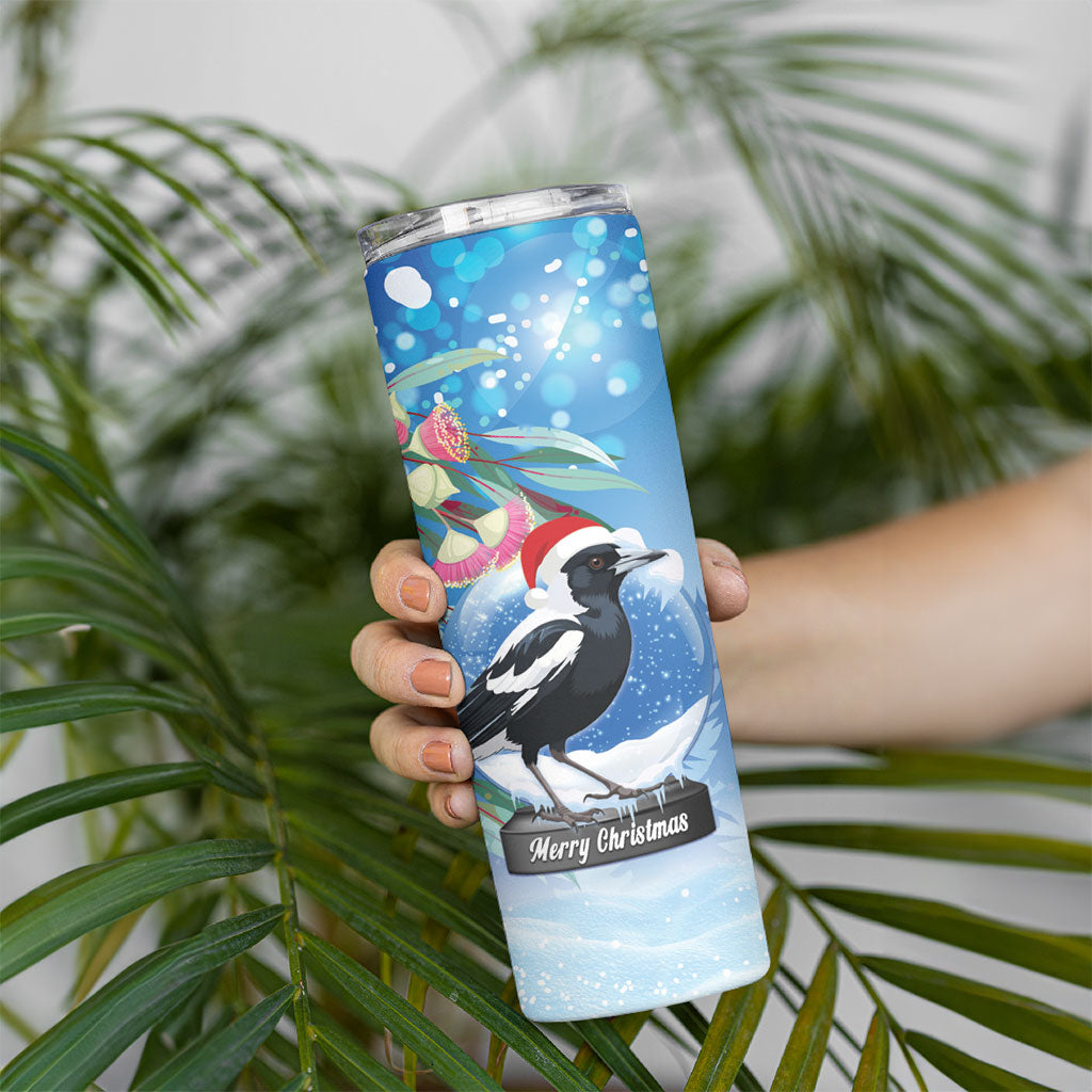 Australia Magpie Christmas In July Skinny Tumbler Eucalyptus Snow Globe Merry Xmas