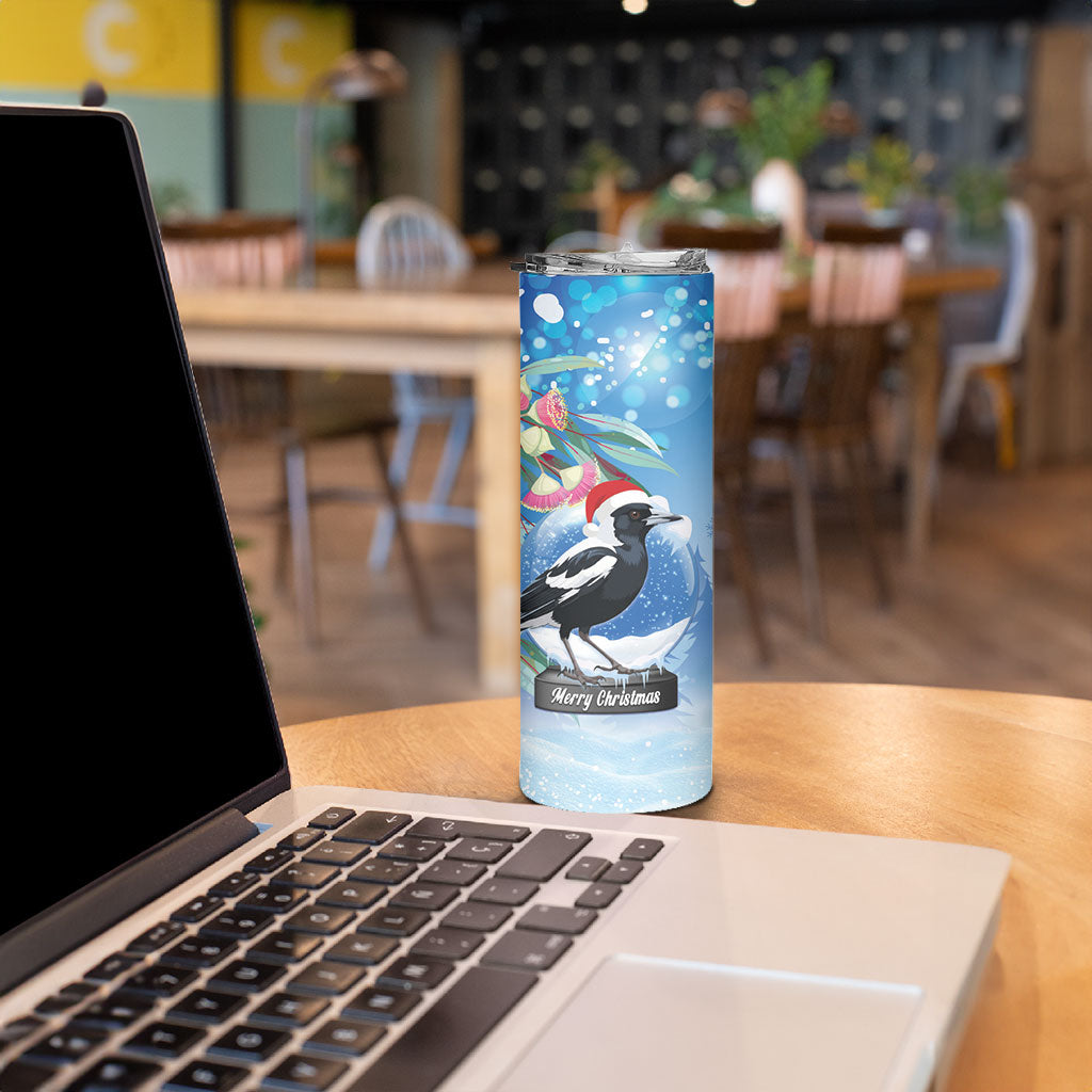 Australia Magpie Christmas In July Skinny Tumbler Eucalyptus Snow Globe Merry Xmas