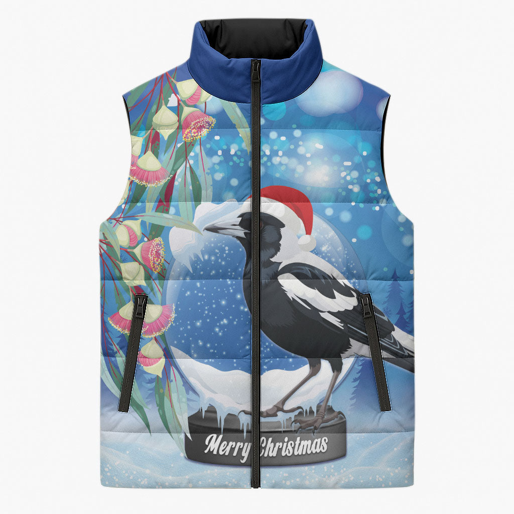 Australia Magpie Christmas In July Sleeveless Puffer Jacket Eucalyptus Snow Globe Merry Xmas