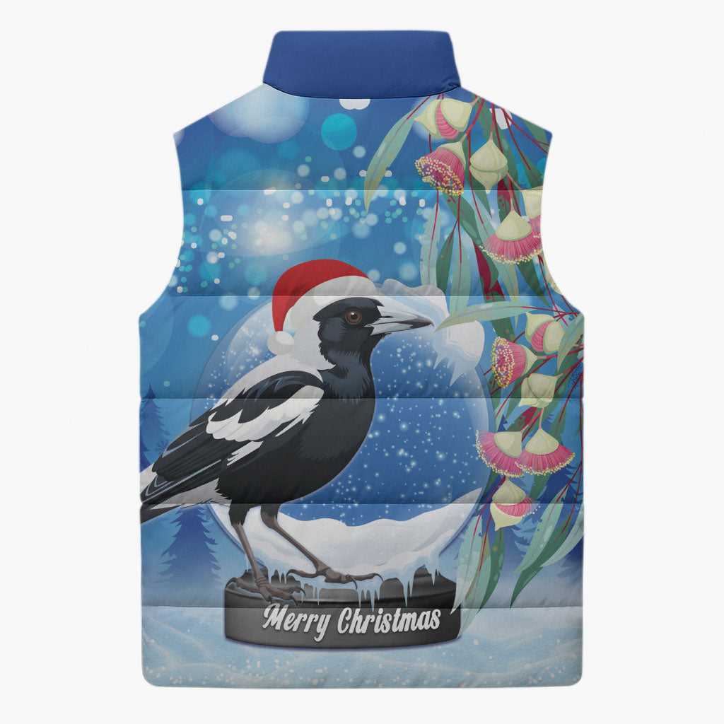 Australia Magpie Christmas In July Sleeveless Puffer Jacket Eucalyptus Snow Globe Merry Xmas