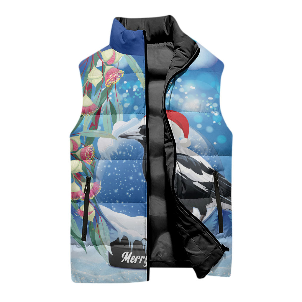 Australia Magpie Christmas In July Sleeveless Puffer Jacket Eucalyptus Snow Globe Merry Xmas