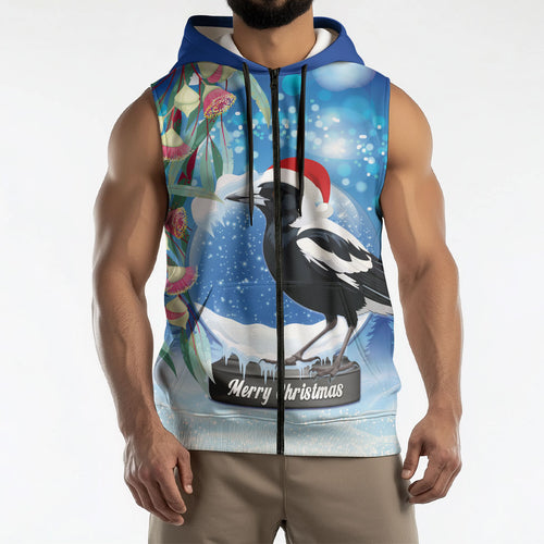 Australia Magpie Christmas In July Sleeveless Zip Hoodie Eucalyptus Snow Globe Merry Xmas