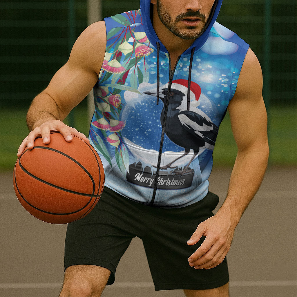 Australia Magpie Christmas In July Sleeveless Zip Hoodie Eucalyptus Snow Globe Merry Xmas