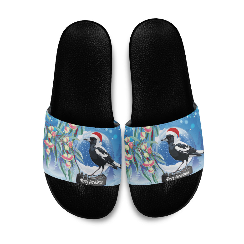 Australia Magpie Christmas In July Slide Sandals Eucalyptus Snow Globe Merry Xmas