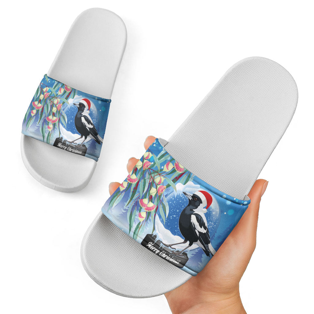 Australia Magpie Christmas In July Slide Sandals Eucalyptus Snow Globe Merry Xmas