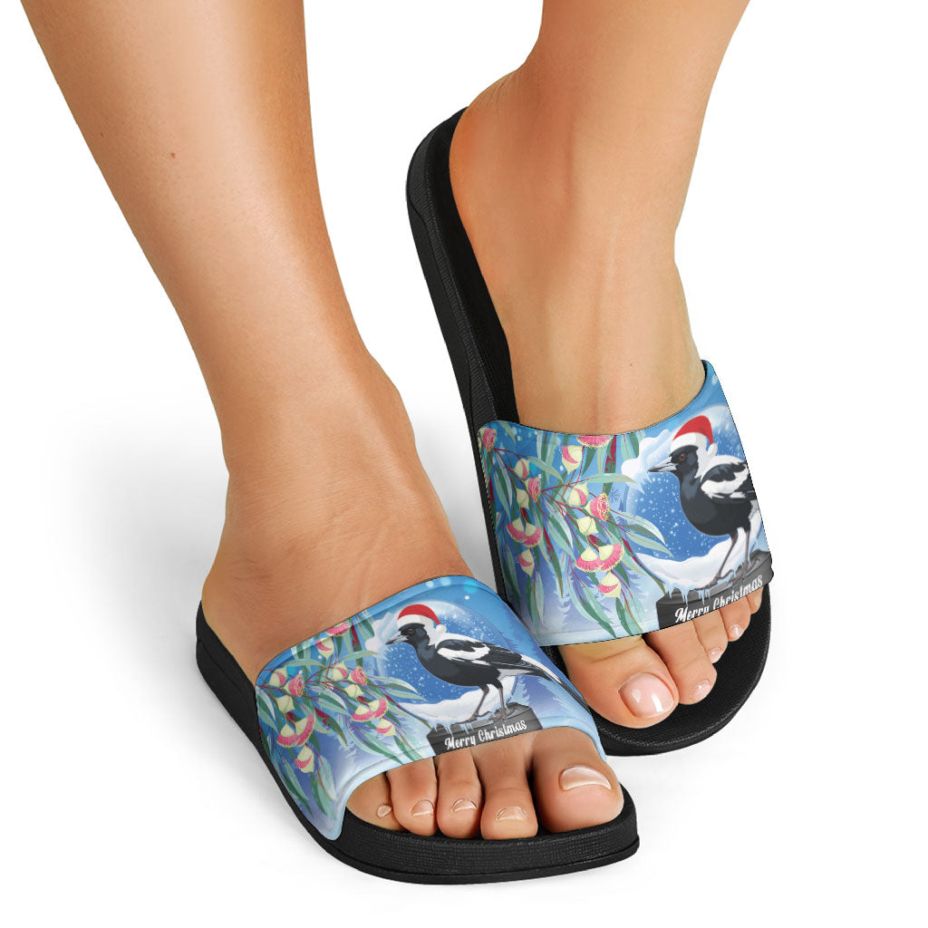 Australia Magpie Christmas In July Slide Sandals Eucalyptus Snow Globe Merry Xmas