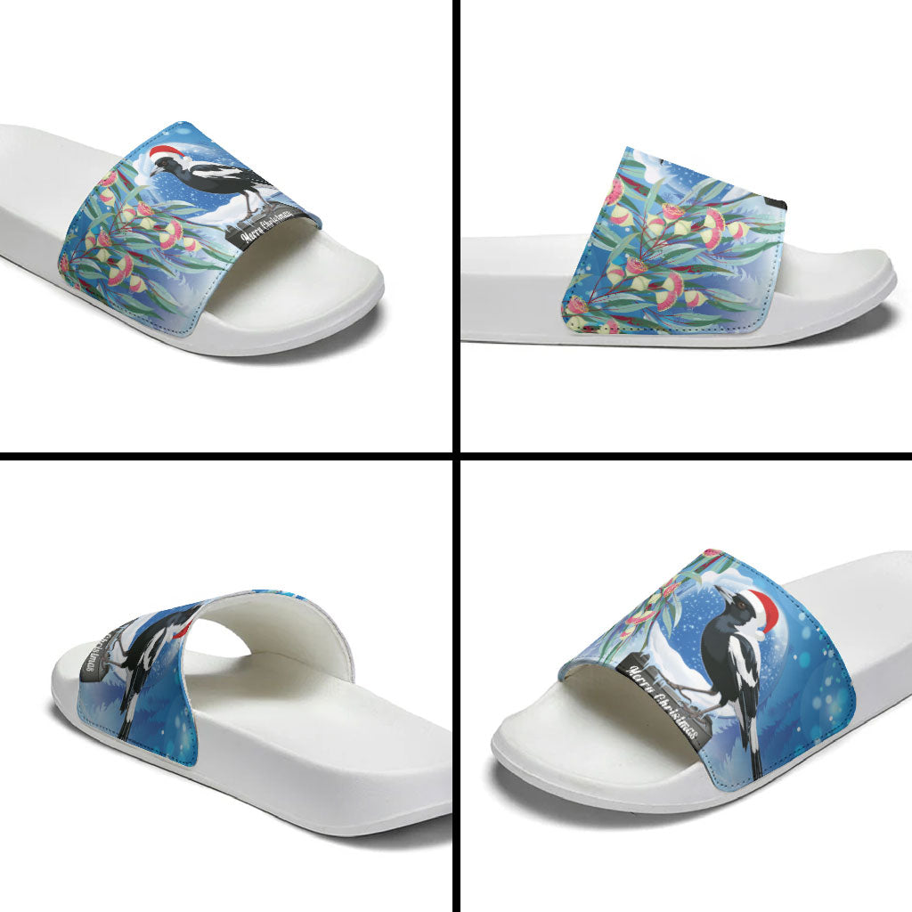 Australia Magpie Christmas In July Slide Sandals Eucalyptus Snow Globe Merry Xmas
