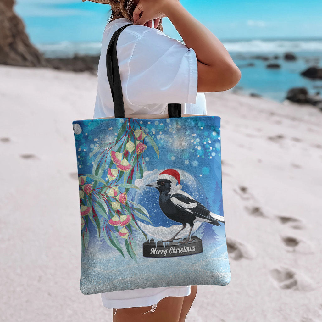 Australia Magpie Christmas In July Tote Bag Eucalyptus Snow Globe Merry Xmas