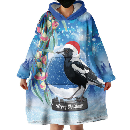 Australia Magpie Christmas In July Wearable Blanket Hoodie Eucalyptus Snow Globe Merry Xmas