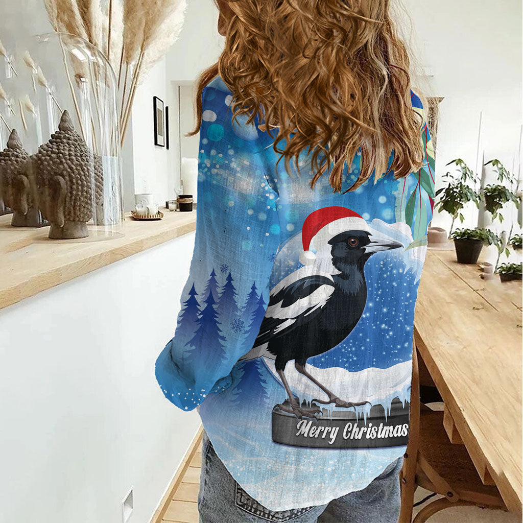 Australia Magpie Christmas In July Women Casual Shirt Eucalyptus Snow Globe Merry Xmas