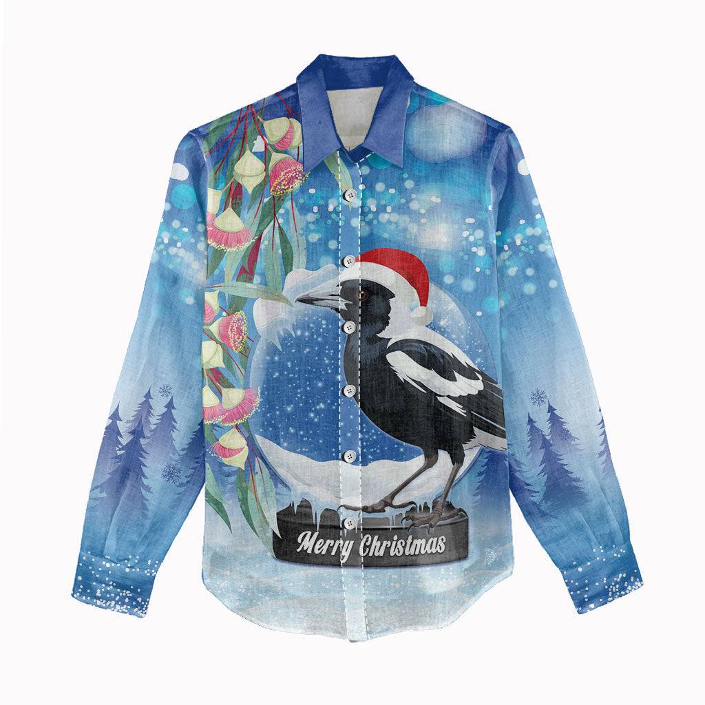 Australia Magpie Christmas In July Women Casual Shirt Eucalyptus Snow Globe Merry Xmas