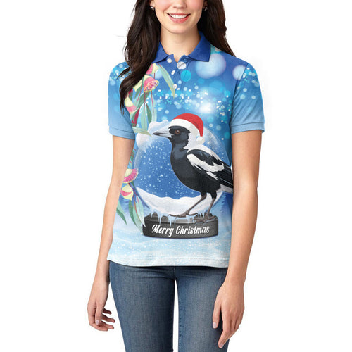 Australia Magpie Christmas In July Women Polo Shirt Eucalyptus Snow Globe Merry Xmas