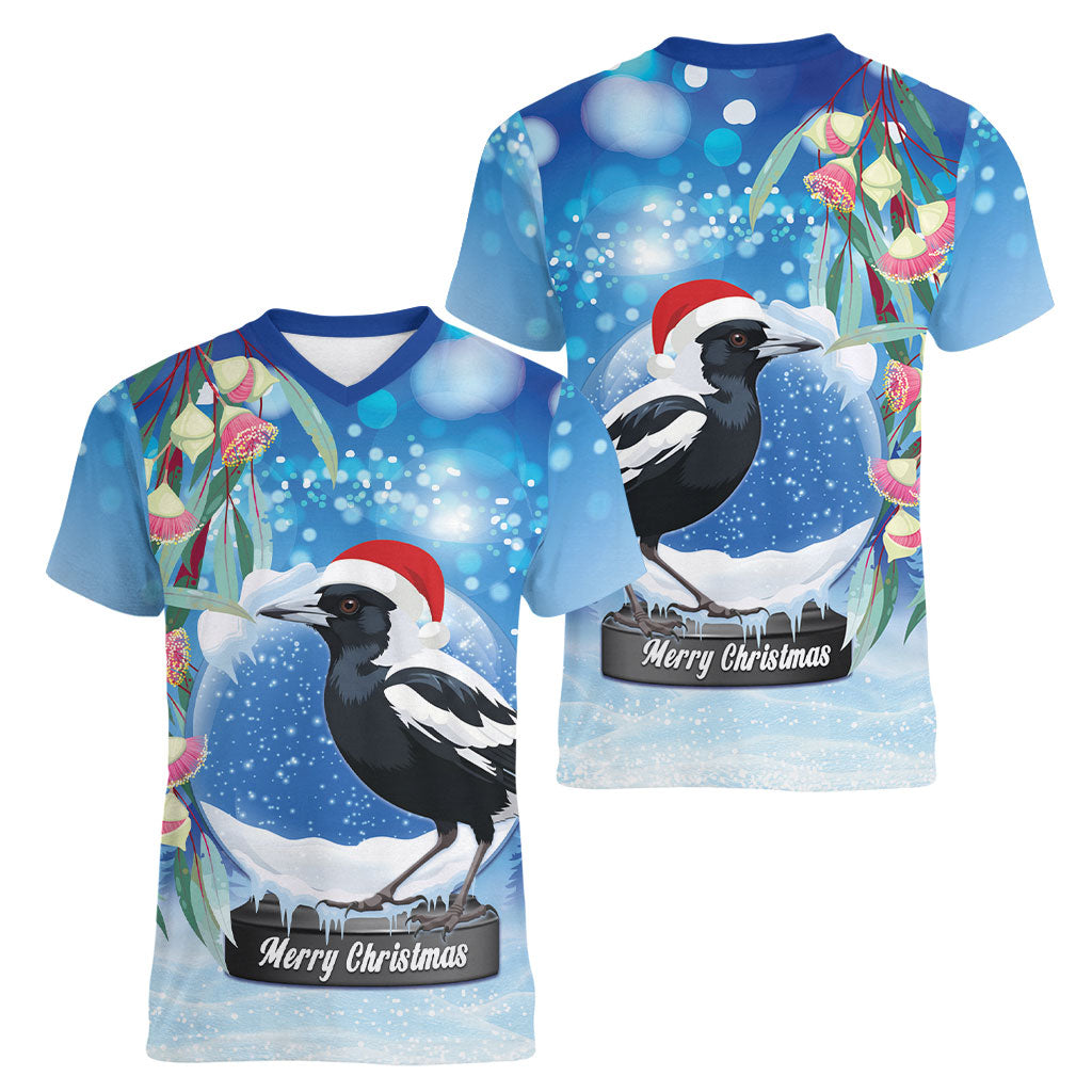 Australia Magpie Christmas In July Women V-Neck T-Shirt Eucalyptus Snow Globe Merry Xmas