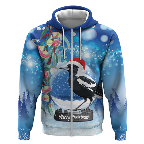 Australia Magpie Christmas In July Zip Hoodie Eucalyptus Snow Globe Merry Xmas