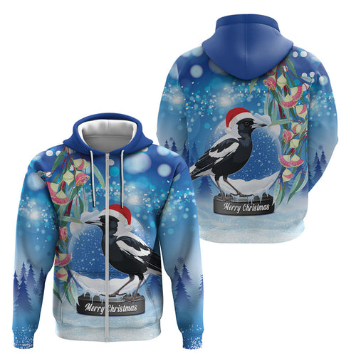 Australia Magpie Christmas In July Zip Hoodie Eucalyptus Snow Globe Merry Xmas