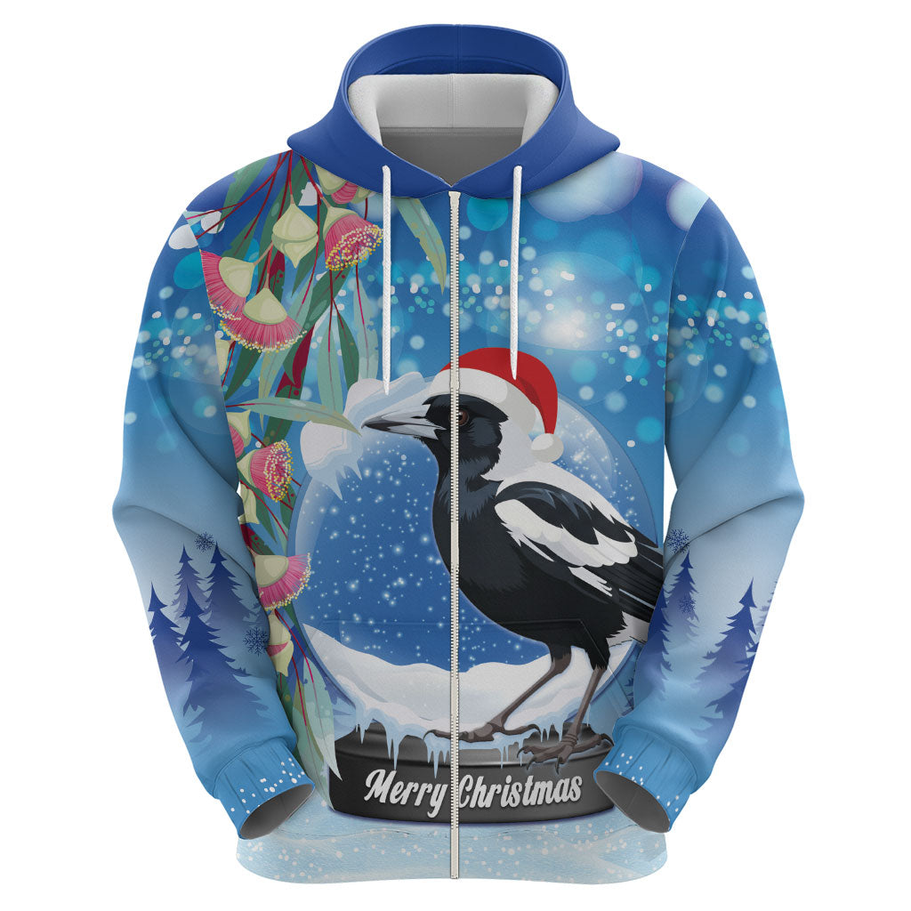 Australia Magpie Christmas In July Zip Hoodie Eucalyptus Snow Globe Merry Xmas