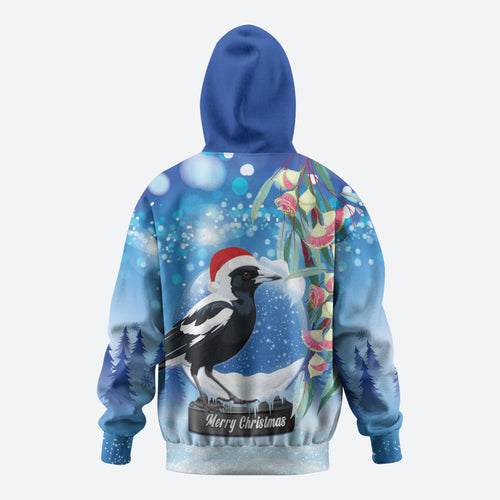 Australia Magpie Christmas In July Zip Hoodie Eucalyptus Snow Globe Merry Xmas