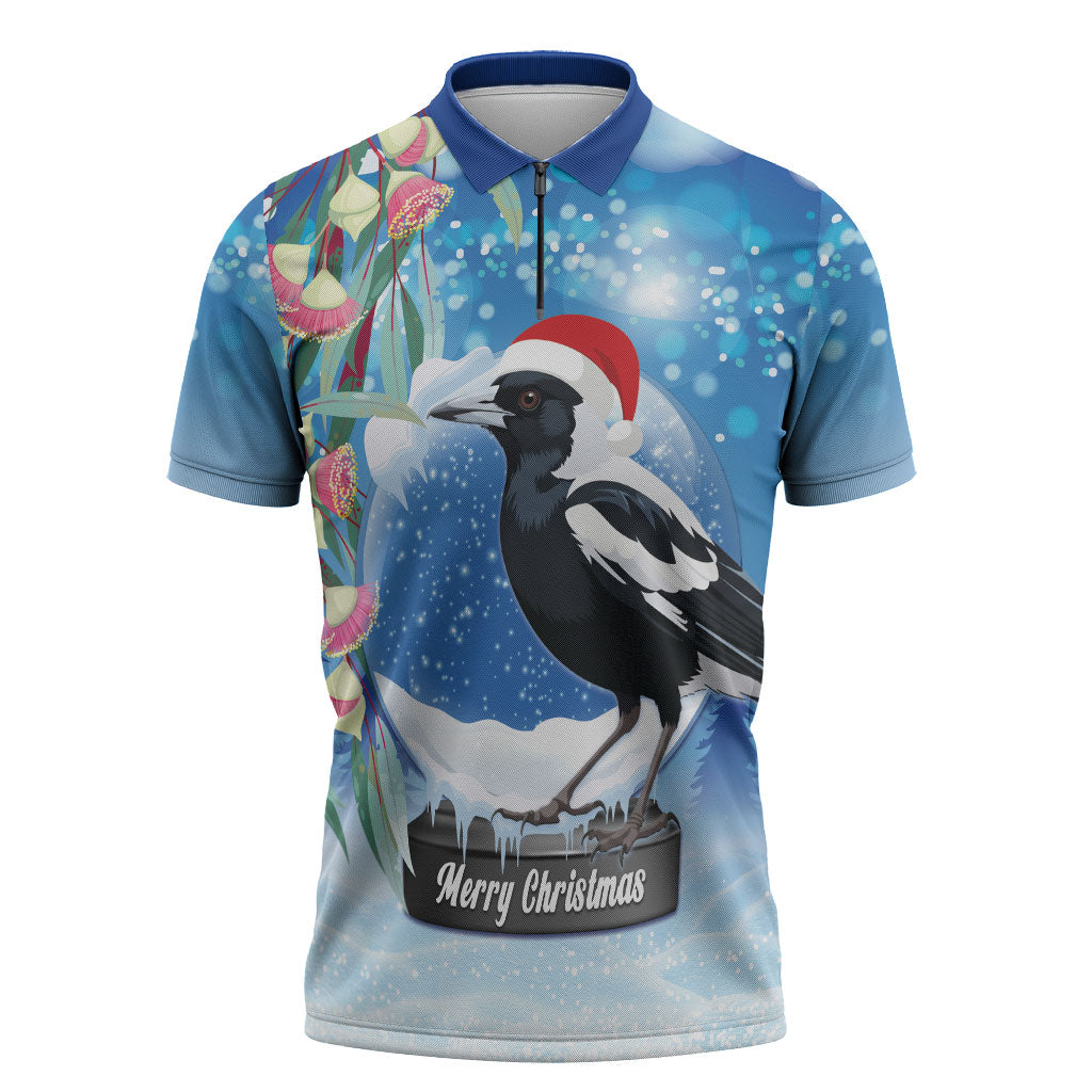 Australia Magpie Christmas In July Zipper Polo Shirt Eucalyptus Snow Globe Merry Xmas