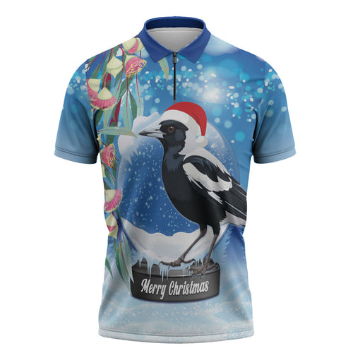 Australia Magpie Christmas In July Zipper Polo Shirt Eucalyptus Snow Globe Merry Xmas