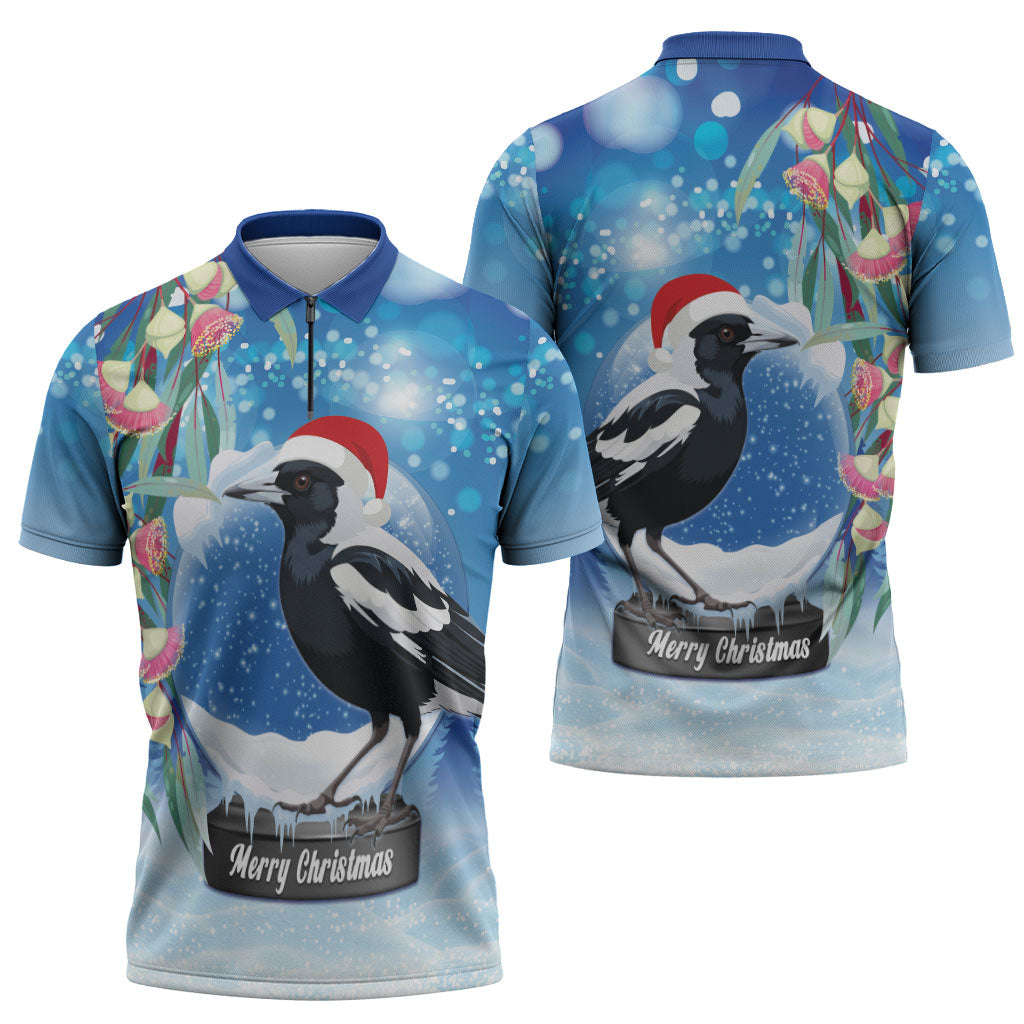 Australia Magpie Christmas In July Zipper Polo Shirt Eucalyptus Snow Globe Merry Xmas