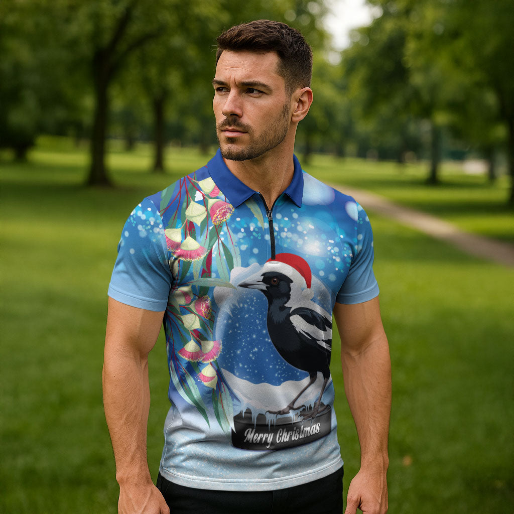 Australia Magpie Christmas In July Zipper Polo Shirt Eucalyptus Snow Globe Merry Xmas