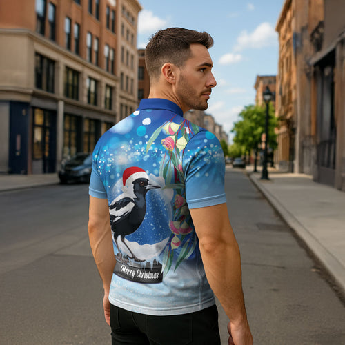 Australia Magpie Christmas In July Zipper Polo Shirt Eucalyptus Snow Globe Merry Xmas