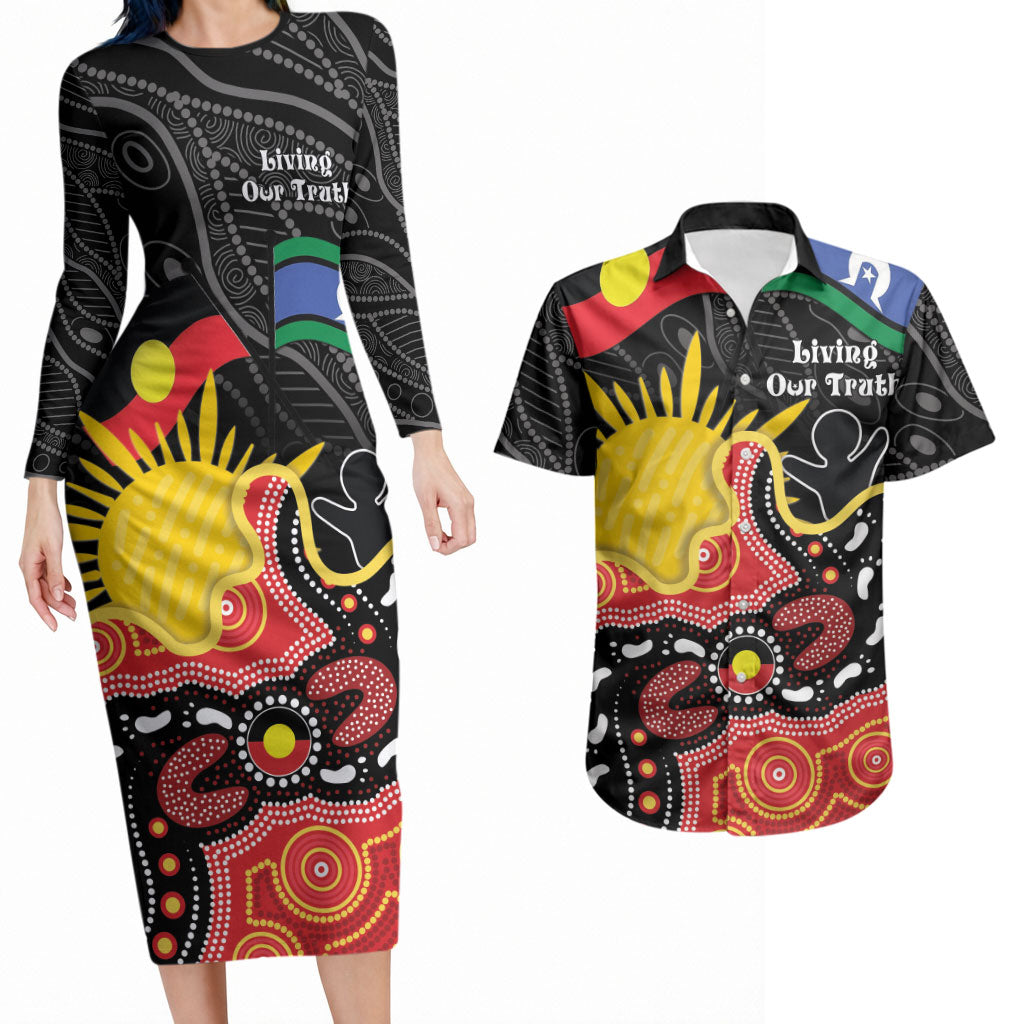 Personalised Australia Aboriginal Children's Day Couples Matching Long Sleeve Bodycon Dress and Hawaiian Shirt Living Our Truth Indigenous Pattern