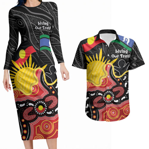 Personalised Australia Aboriginal Children's Day Couples Matching Long Sleeve Bodycon Dress and Hawaiian Shirt Living Our Truth Indigenous Pattern