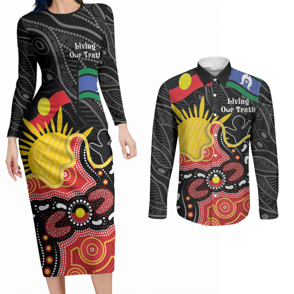 Personalised Australia Aboriginal Children's Day Couples Matching Long Sleeve Bodycon Dress and Long Sleeve Button Shirt Living Our Truth Indigenous Pattern