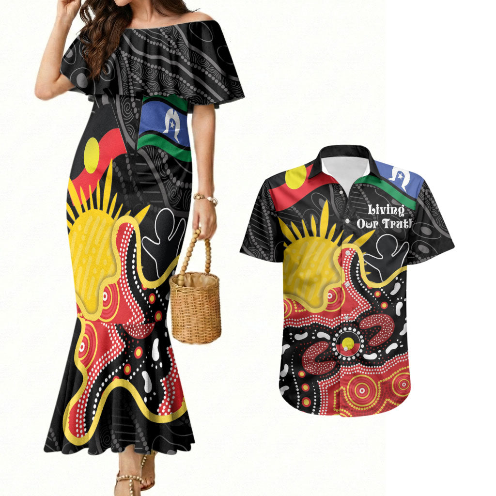 Personalised Australia Aboriginal Children's Day Couples Matching Mermaid Dress and Hawaiian Shirt Living Our Truth Indigenous Pattern