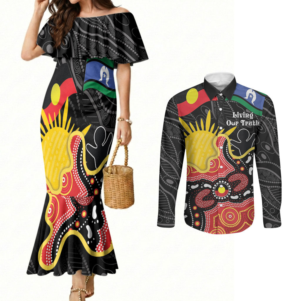 Personalised Australia Aboriginal Children's Day Couples Matching Mermaid Dress and Long Sleeve Button Shirt Living Our Truth Indigenous Pattern