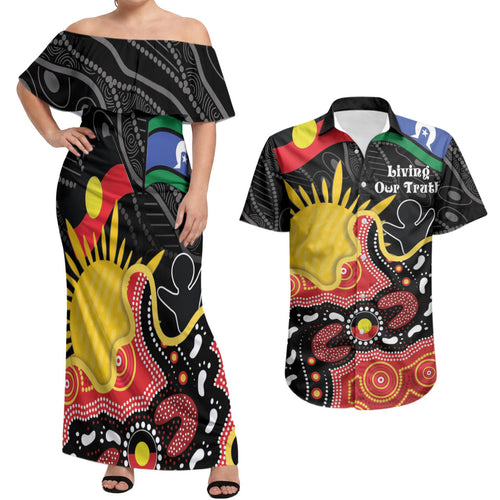 Personalised Australia Aboriginal Children's Day Couples Matching Off Shoulder Maxi Dress and Hawaiian Shirt Living Our Truth Indigenous Pattern