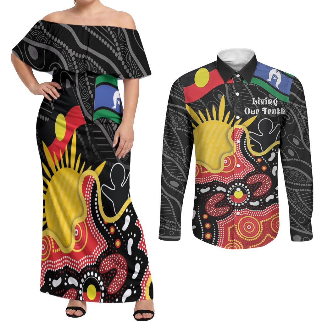 Personalised Australia Aboriginal Children's Day Couples Matching Off Shoulder Maxi Dress and Long Sleeve Button Shirt Living Our Truth Indigenous Pattern