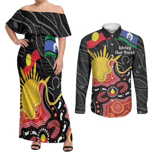 Personalised Australia Aboriginal Children's Day Couples Matching Off Shoulder Maxi Dress and Long Sleeve Button Shirt Living Our Truth Indigenous Pattern