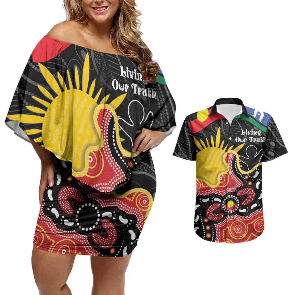 Personalised Australia Aboriginal Children's Day Couples Matching Off Shoulder Short Dress and Hawaiian Shirt Living Our Truth Indigenous Pattern