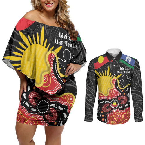 Personalised Australia Aboriginal Children's Day Couples Matching Off Shoulder Short Dress and Long Sleeve Button Shirt Living Our Truth Indigenous Pattern