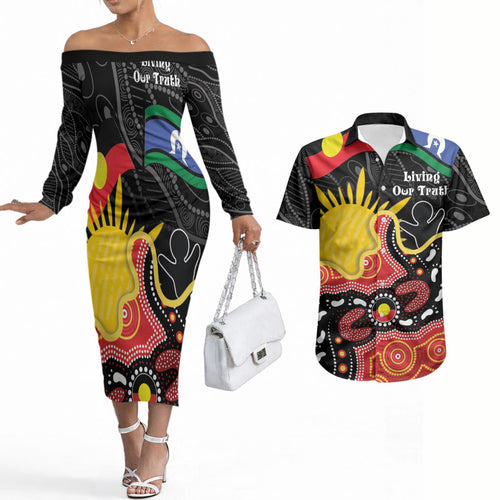 Personalised Australia Aboriginal Children's Day Couples Matching Off The Shoulder Long Sleeve Dress and Hawaiian Shirt Living Our Truth Indigenous Pattern