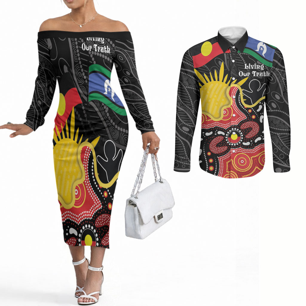 Personalised Australia Aboriginal Children's Day Couples Matching Off The Shoulder Long Sleeve Dress and Long Sleeve Button Shirt Living Our Truth Indigenous Pattern
