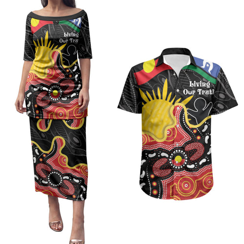 Personalised Australia Aboriginal Children's Day Couples Matching Puletasi and Hawaiian Shirt Living Our Truth Indigenous Pattern