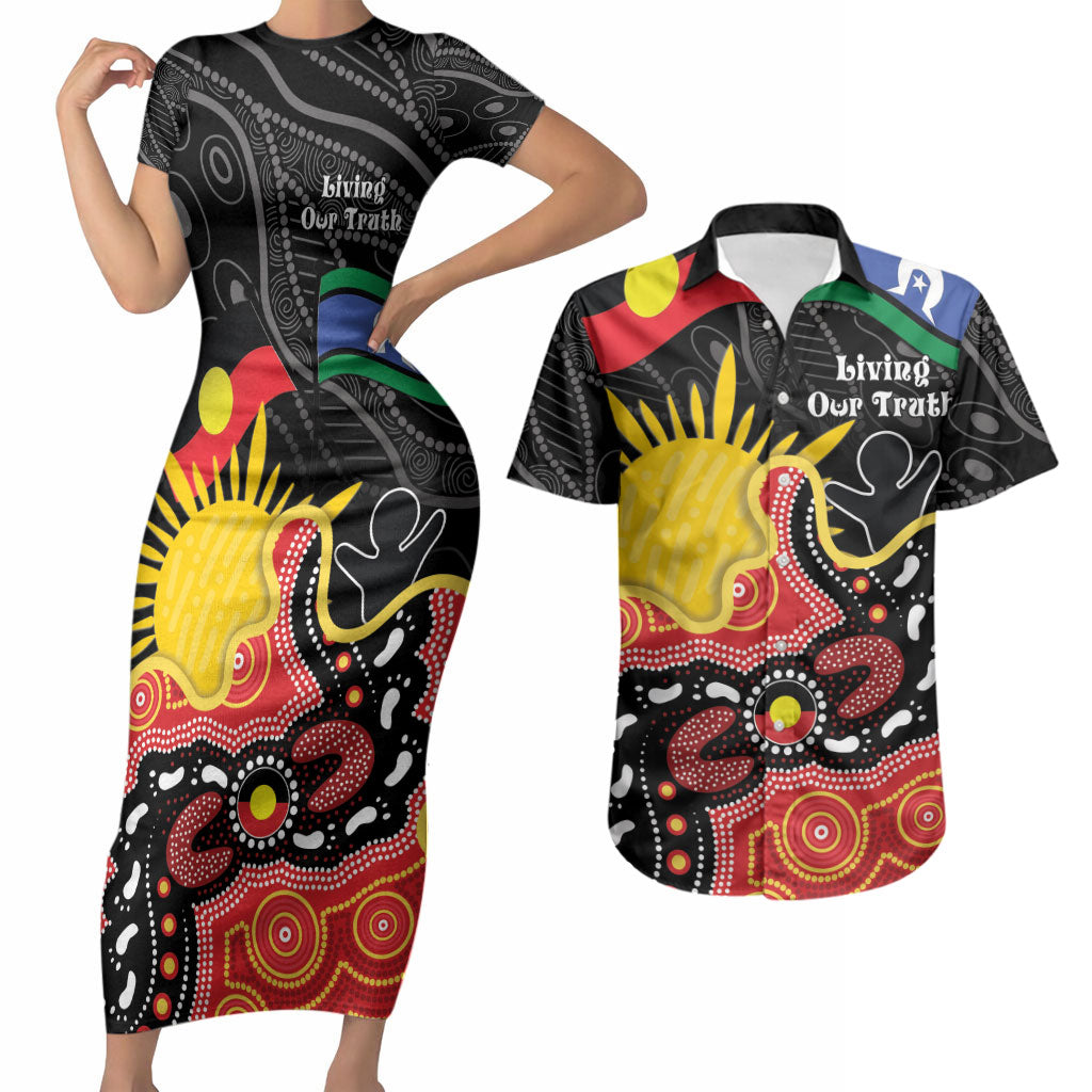 Personalised Australia Aboriginal Children's Day Couples Matching Short Sleeve Bodycon Dress and Hawaiian Shirt Living Our Truth Indigenous Pattern