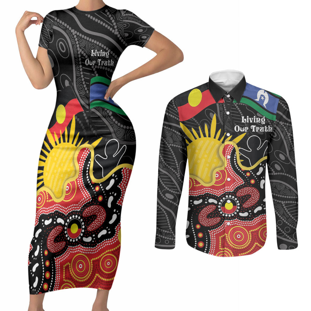 Personalised Australia Aboriginal Children's Day Couples Matching Short Sleeve Bodycon Dress and Long Sleeve Button Shirt Living Our Truth Indigenous Pattern