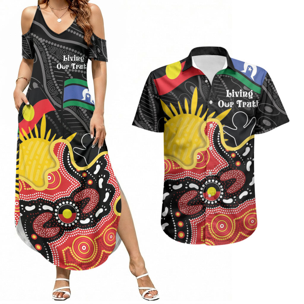 Personalised Australia Aboriginal Children's Day Couples Matching Summer Maxi Dress and Hawaiian Shirt Living Our Truth Indigenous Pattern