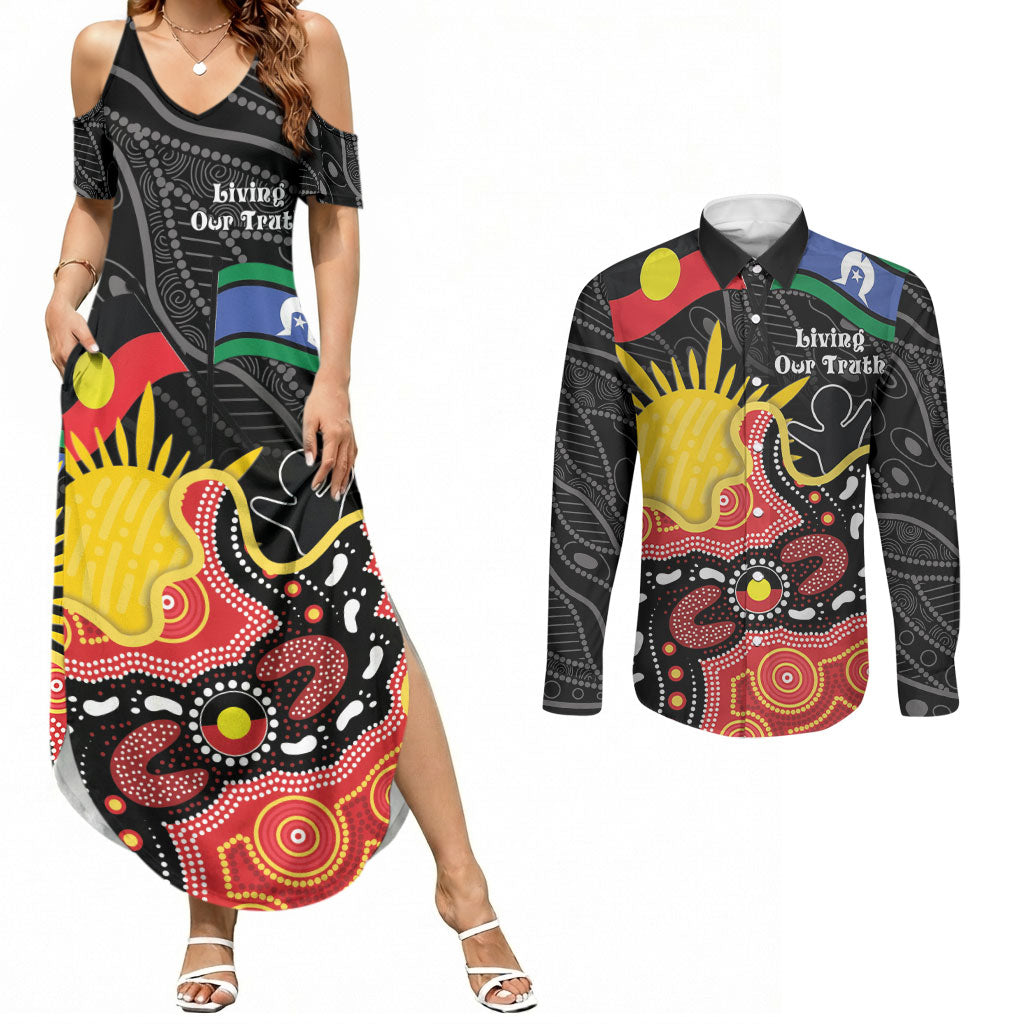 Personalised Australia Aboriginal Children's Day Couples Matching Summer Maxi Dress and Long Sleeve Button Shirt Living Our Truth Indigenous Pattern