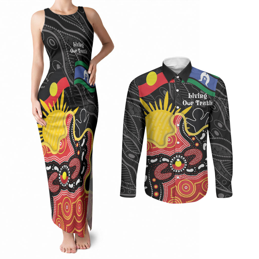Personalised Australia Aboriginal Children's Day Couples Matching Tank Maxi Dress and Long Sleeve Button Shirt Living Our Truth Indigenous Pattern